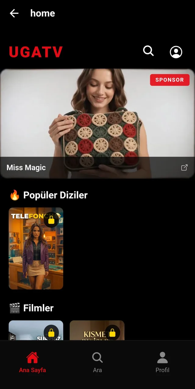 UGATV uygulaması ana sayfası, popüler diziler ve filmler